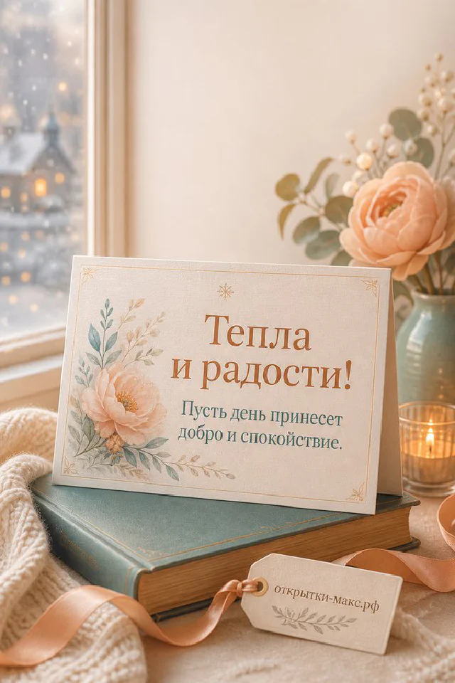 Розовые тюльпаны и чашка кофе на карточке с надписью Тепла и радости на светло-розовом фоне — вариант 4