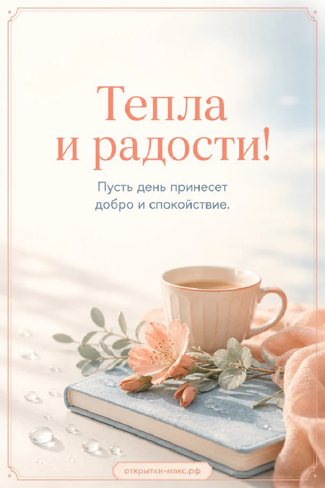 Розовые тюльпаны и чашка кофе на карточке с надписью Тепла и радости на светло-розовом фоне — вариант 5