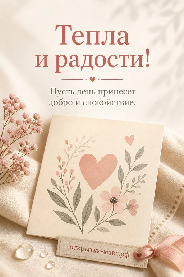 Розовые тюльпаны и чашка кофе на карточке с надписью Тепла и радости на светло-розовом фоне — вариант 6