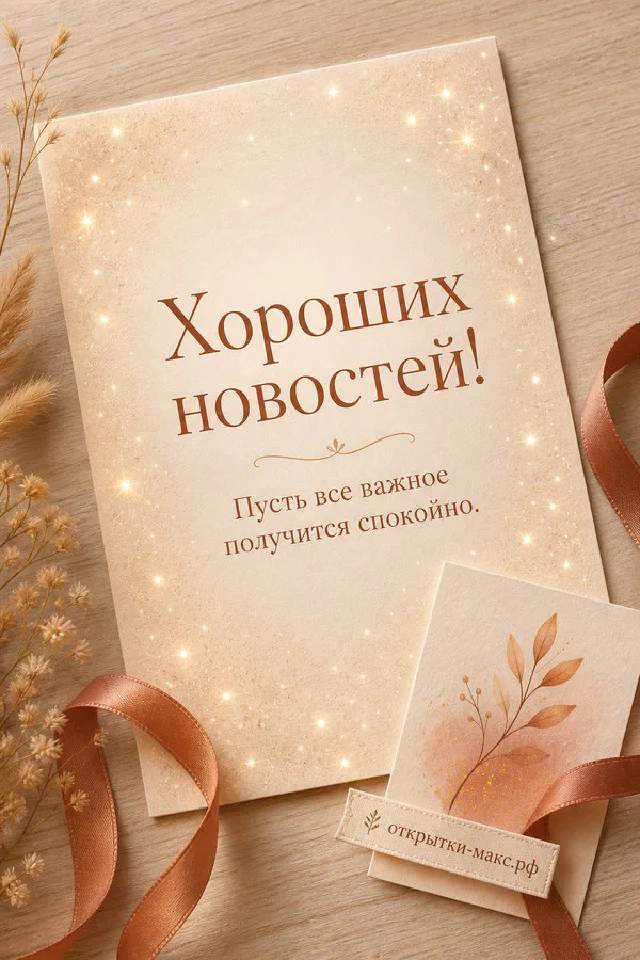 Кремовый конверт с сургучной печатью и букет лиловых цветов на столе с акварельным видом старого города на фоне, надпись «Хороших новостей» — вариант 2