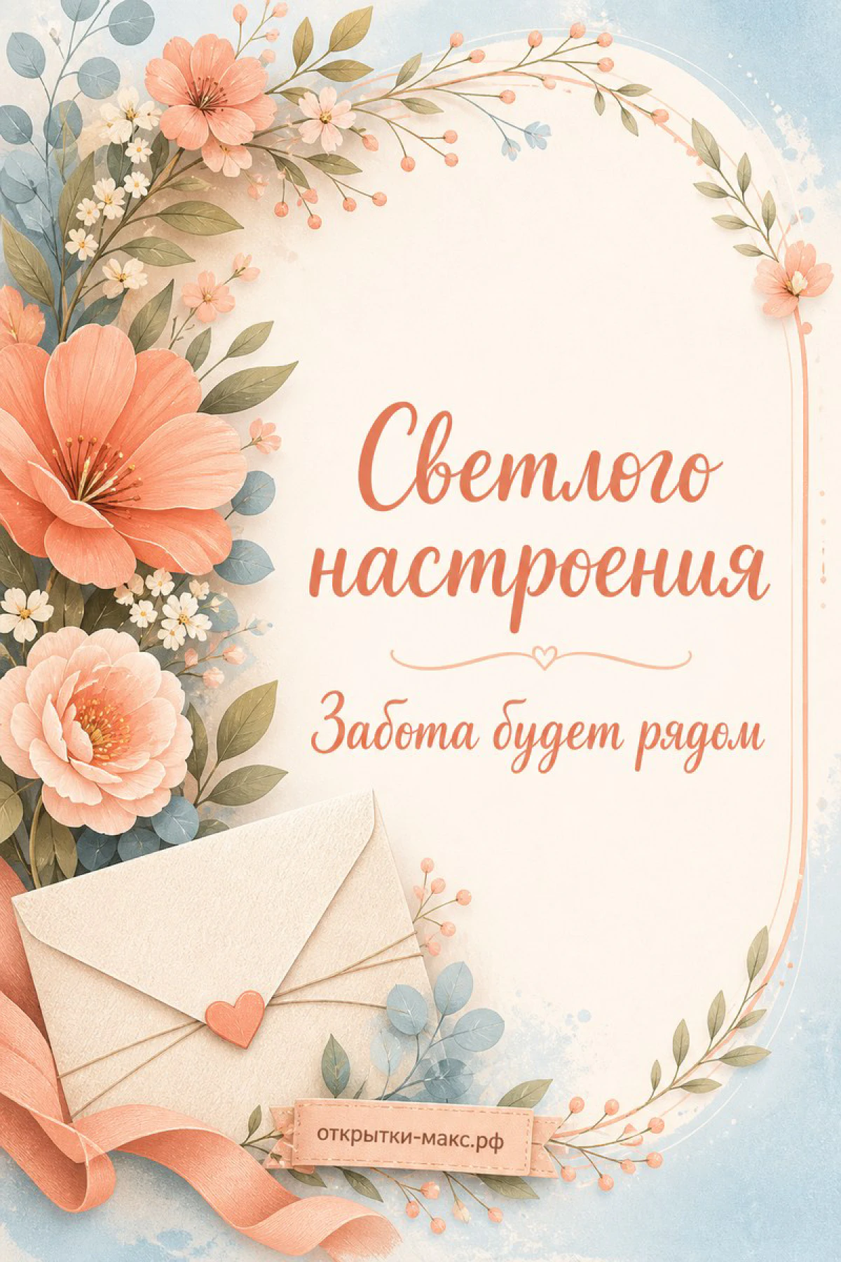 Акварельная открытка с оранжевыми цветами и конвертом с сердечком на кремовом фоне