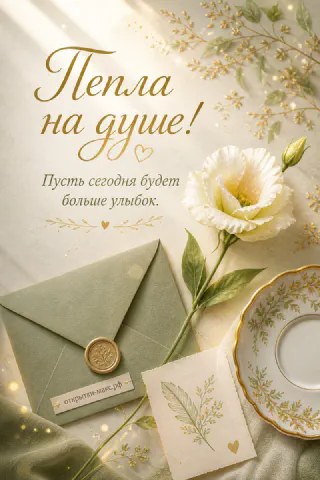 Зелёный конверт с восковой печатью, белая эустома и фарфоровое блюдце на кремовом фоне