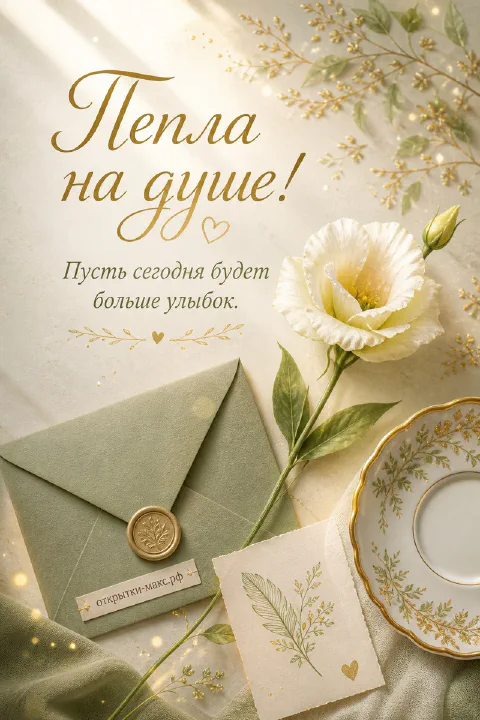Зелёный конверт с восковой печатью, белая эустома и фарфоровое блюдце на кремовом фоне