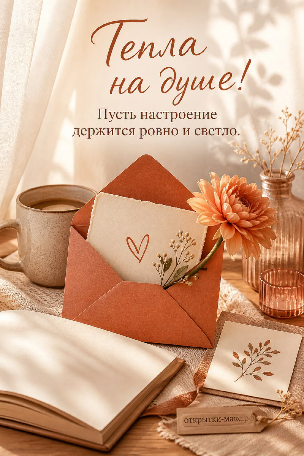 Терракотовый конверт с розовой герберой и сердечком, книга и стеклянные вазы на тёплом фоне, надпись «Тепла на душе»
