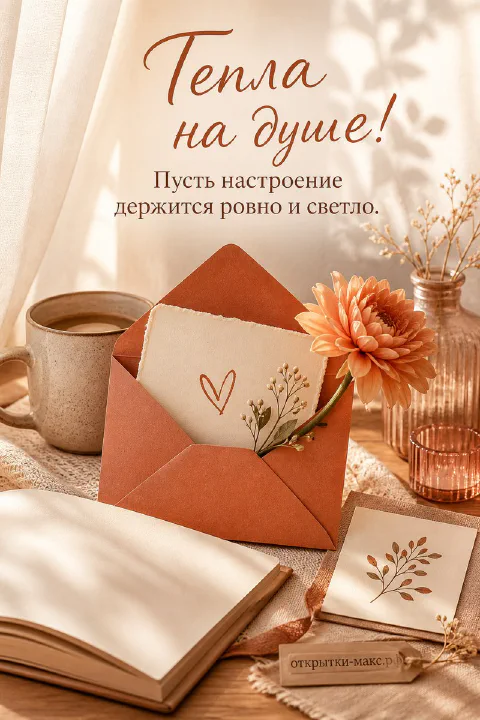 Терракотовый конверт с розовой герберой и сердечком, книга и стеклянные вазы на тёплом фоне, надпись «Тепла на душе»