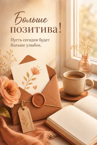 Тёплая сцена у окна: крафтовый конверт с цветочным рисунком и восковой печатью, кофе и открытая книга, надпись «Больше позитива!»