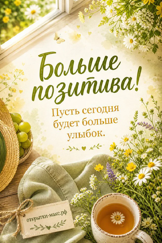 Тёплая сцена у окна: крафтовый конверт с цветочным рисунком и восковой печатью, кофе и открытая книга, надпись «Больше позитива!» — вариант 4