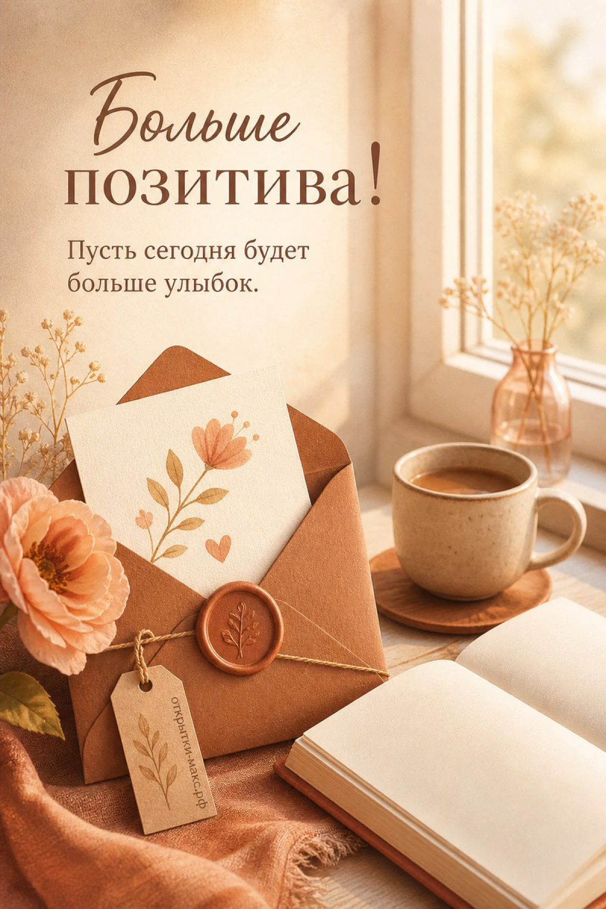 Тёплая сцена у окна: крафтовый конверт с цветочным рисунком и восковой печатью, кофе и открытая книга, надпись «Больше позитива!»