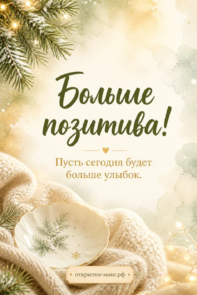 Тёплая сцена у окна: крафтовый конверт с цветочным рисунком и восковой печатью, кофе и открытая книга, надпись «Больше позитива!» — вариант 2