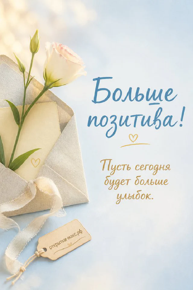 Тёплая сцена у окна: крафтовый конверт с цветочным рисунком и восковой печатью, кофе и открытая книга, надпись «Больше позитива!» — вариант 3