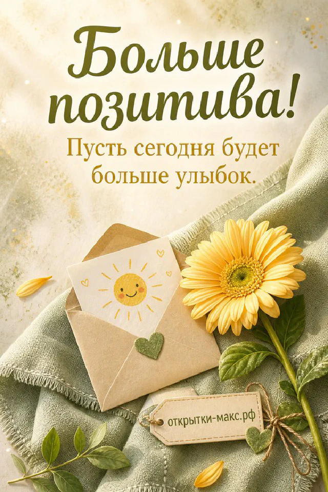 Тёплая сцена у окна: крафтовый конверт с цветочным рисунком и восковой печатью, кофе и открытая книга, надпись «Больше позитива!» — вариант 6