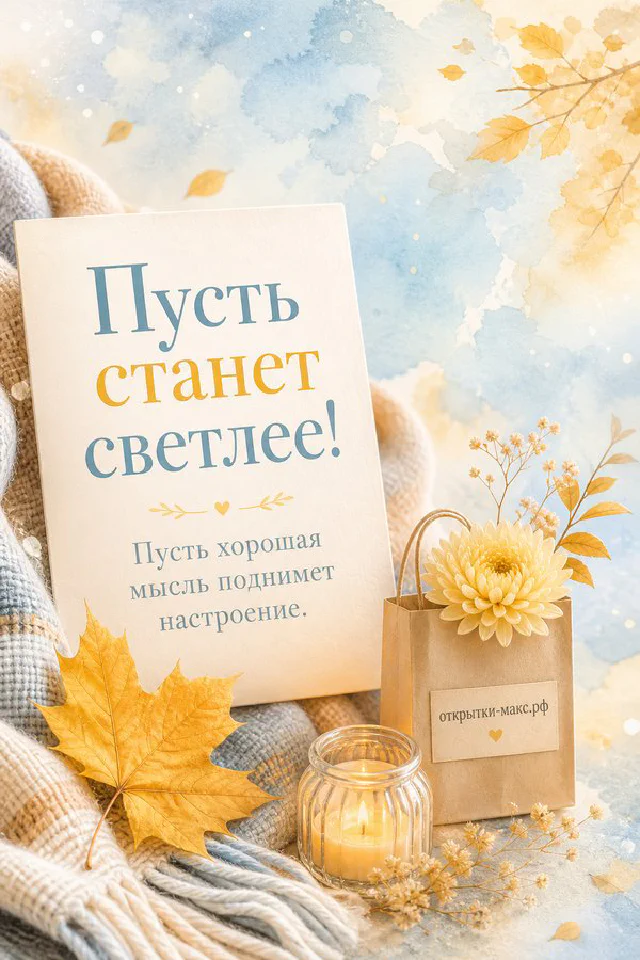 Голубой конверт с сердечком, крафтовый пакет с ромашками на светлом фоне с надписью «Пусть станет светлее» — вариант 2