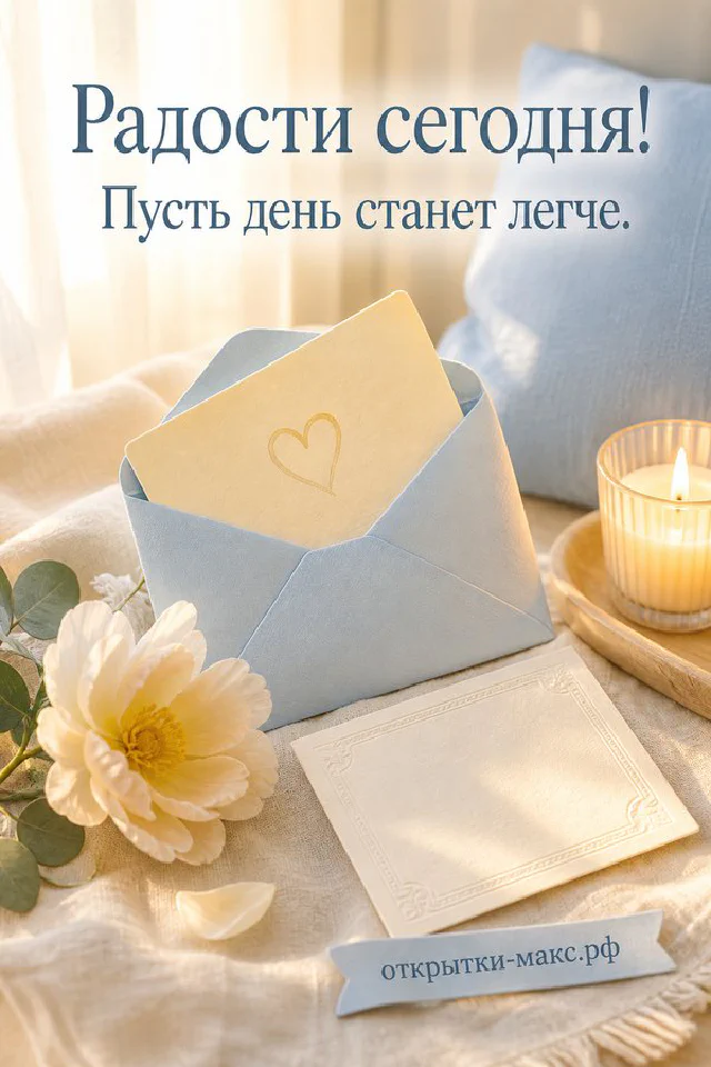 Персиковый конверт с сердечком и розой на раскрытой книге со свечой на заднем плане, надпись «Радости сегодня» — вариант 2