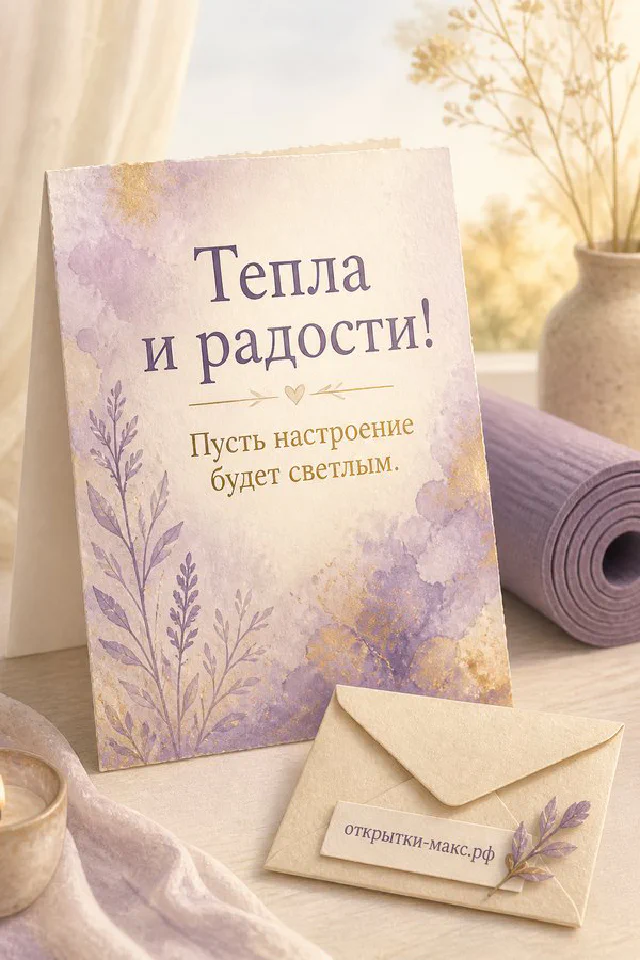 Акварельная открытка с розовыми цветами и розовый конверт на кремовом фоне с надписью Тепла и радости — вариант 2