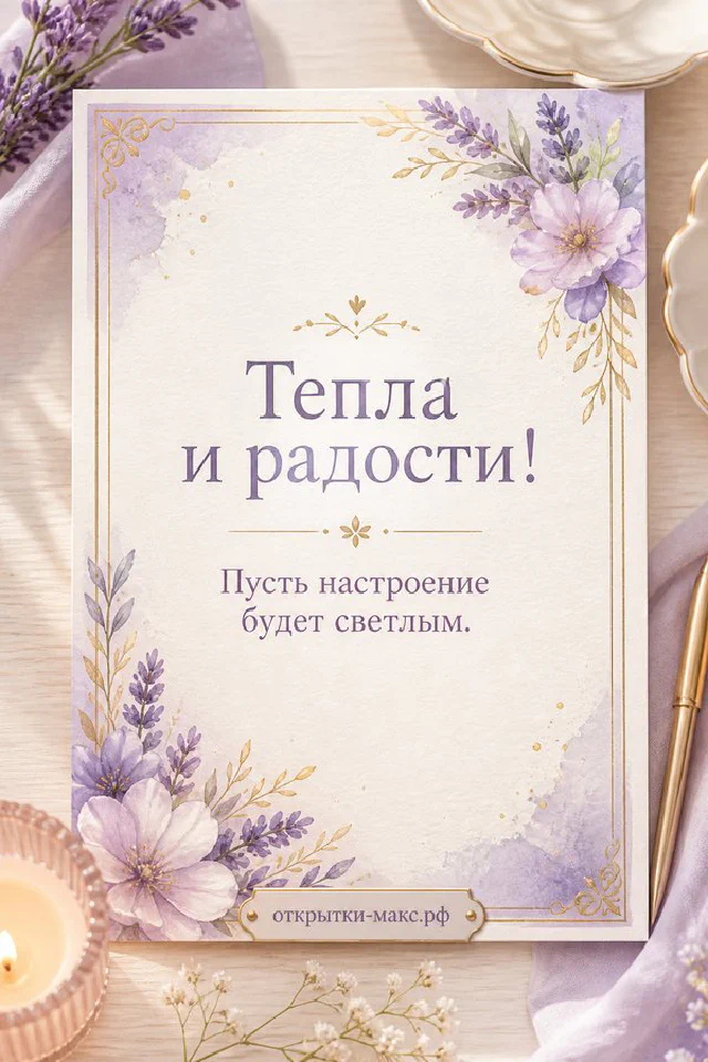 Акварельная открытка с розовыми цветами и розовый конверт на кремовом фоне с надписью Тепла и радости — вариант 4