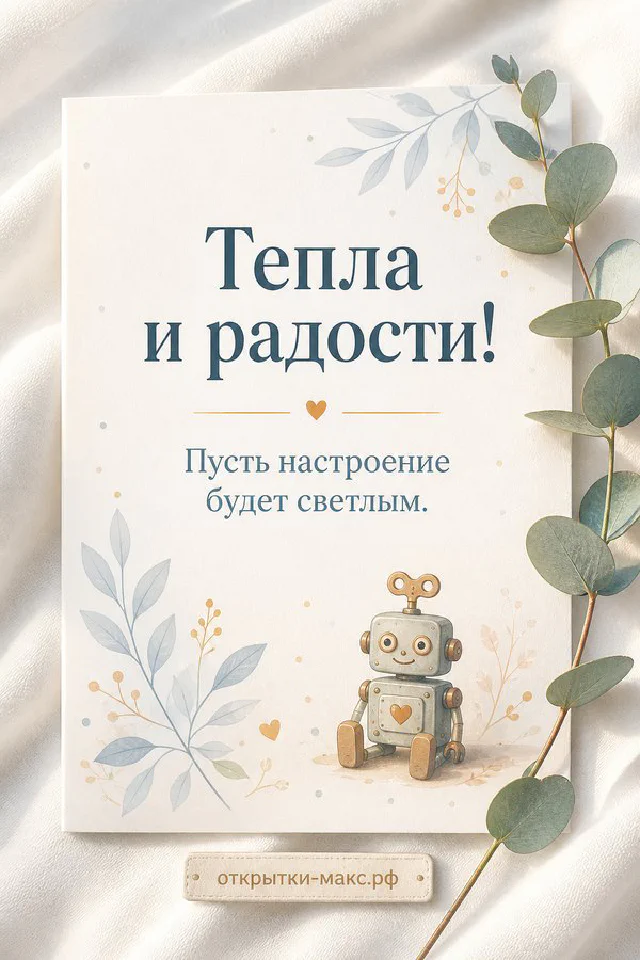 Акварельная открытка с розовыми цветами и розовый конверт на кремовом фоне с надписью Тепла и радости — вариант 6