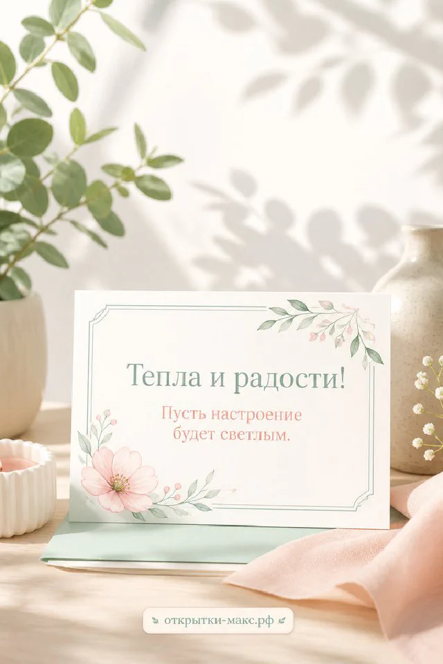 Акварельная открытка с розовыми цветами и розовый конверт на кремовом фоне с надписью Тепла и радости — вариант 8