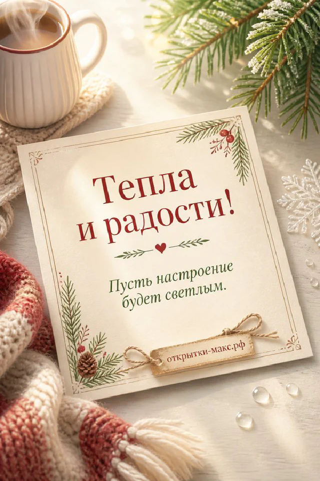 Акварельная открытка с розовыми цветами и розовый конверт на кремовом фоне с надписью Тепла и радости — вариант 3