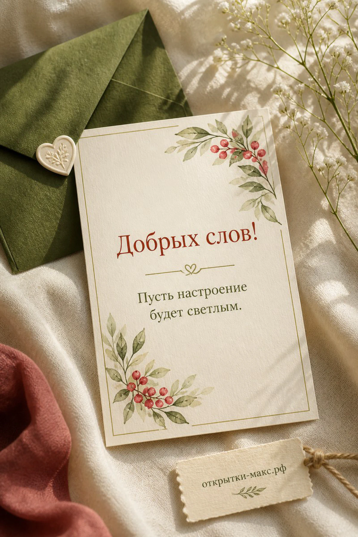 Зелёный конверт с восковой печатью-сердцем и бумажная открытка с ветками ягод падуба на белой льняной ткани