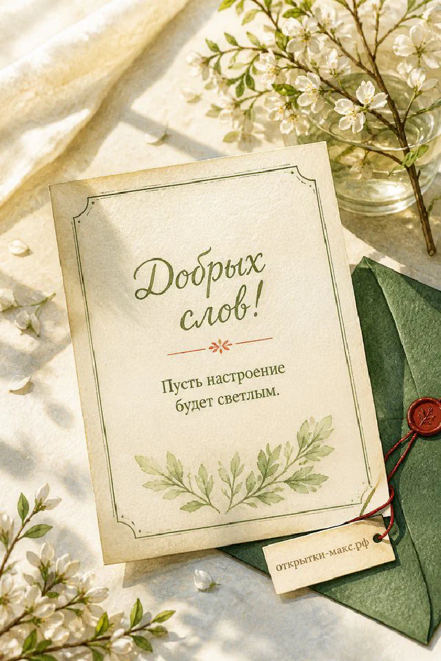 Зелёный конверт с восковой печатью-сердцем и бумажная открытка с ветками ягод падуба на белой льняной ткани — вариант 7