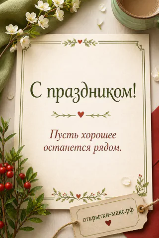 Открытка «С праздником!» на фоне старинной бумаги с орнаментом, окружённая ветками с красными ягодами и белыми цветами сакуры