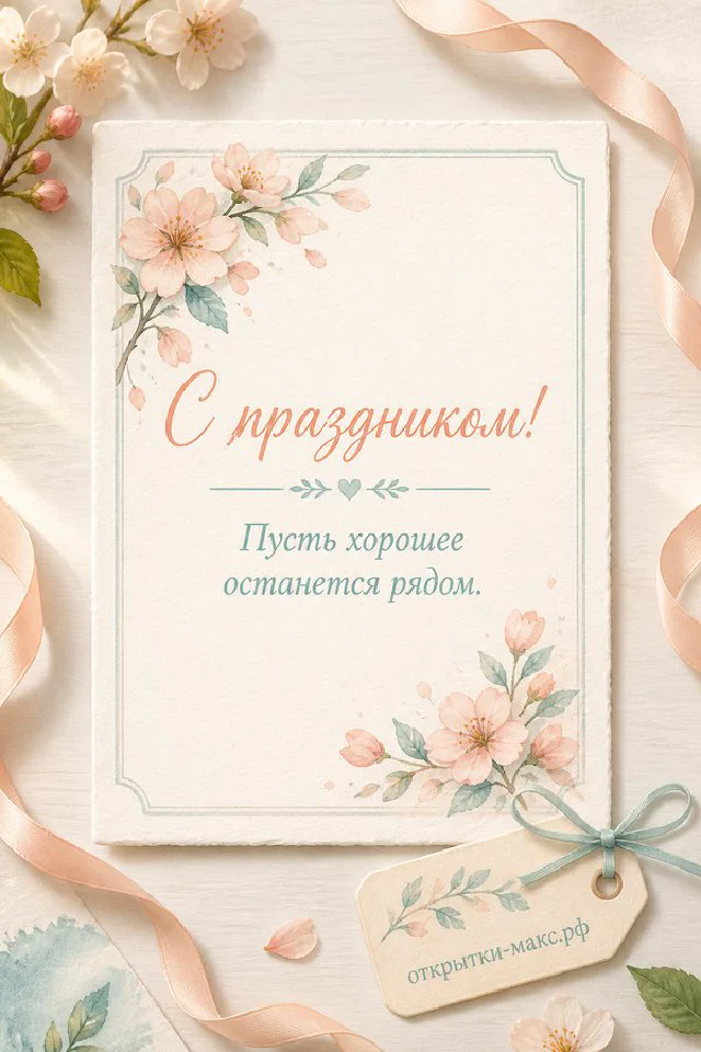 Открытка «С праздником!» на фоне старинной бумаги с орнаментом, окружённая ветками с красными ягодами и белыми цветами сакуры — вариант 2