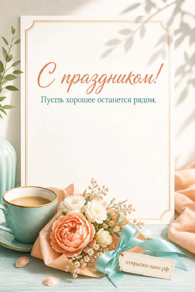 Открытка «С праздником!» на фоне старинной бумаги с орнаментом, окружённая ветками с красными ягодами и белыми цветами сакуры — вариант 4