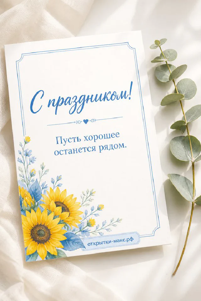 Открытка «С праздником!» на фоне старинной бумаги с орнаментом, окружённая ветками с красными ягодами и белыми цветами сакуры — вариант 5