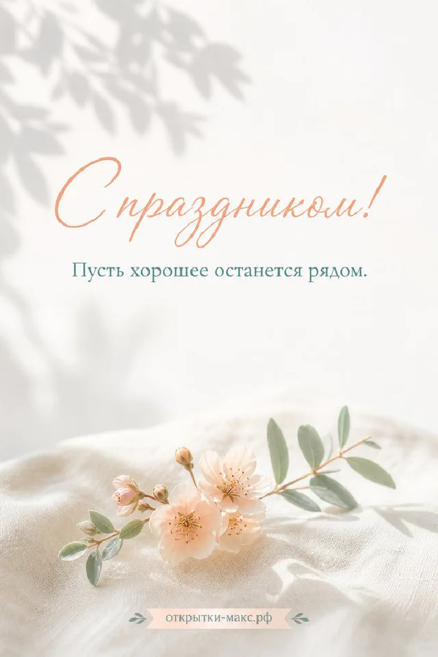 Открытка «С праздником!» на фоне старинной бумаги с орнаментом, окружённая ветками с красными ягодами и белыми цветами сакуры — вариант 6