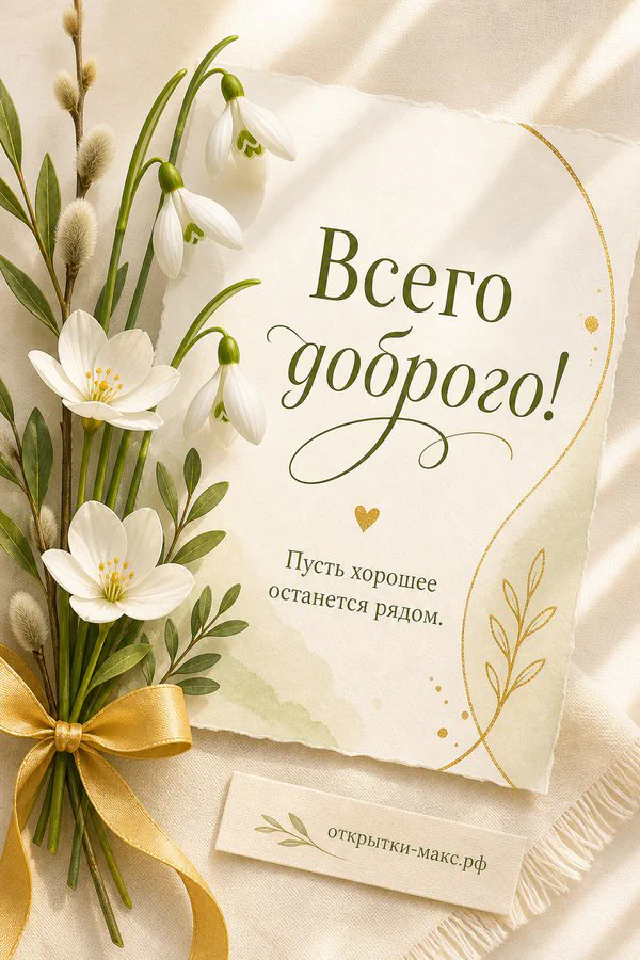 Открытка с красными тюльпанами в корзине и цветущими белыми ветками на бежевом фоне с надписью Всего доброго — вариант 4