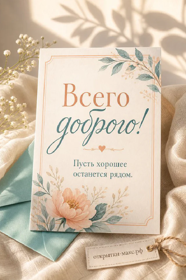 Открытка с красными тюльпанами в корзине и цветущими белыми ветками на бежевом фоне с надписью Всего доброго — вариант 5