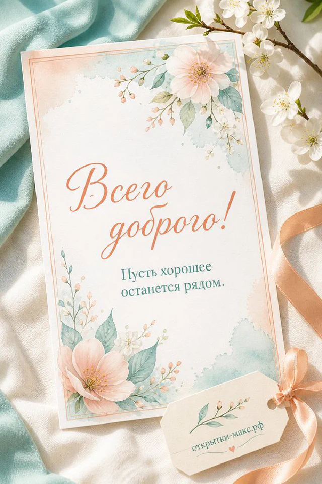 Открытка с красными тюльпанами в корзине и цветущими белыми ветками на бежевом фоне с надписью Всего доброго — вариант 6