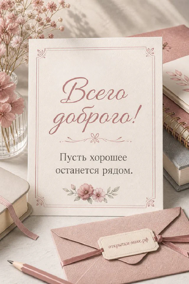 Открытка с красными тюльпанами в корзине и цветущими белыми ветками на бежевом фоне с надписью Всего доброго — вариант 7