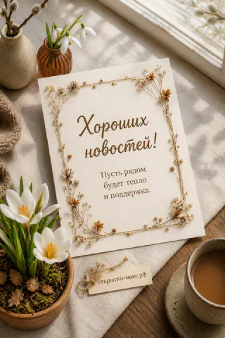 Горшок с белыми крокусами, открытка с сухоцветами и кофейная кружка на льняной ткани