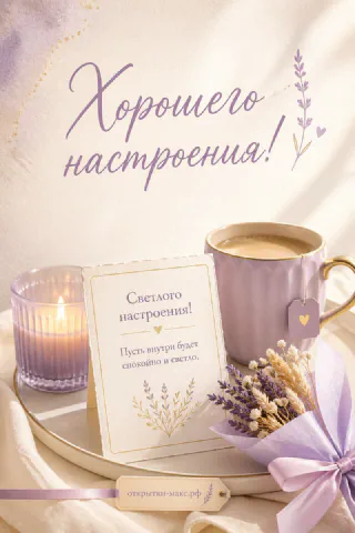Лиловая чашка кофе, горящая свеча и букетик лаванды на белом подносе с открыткой