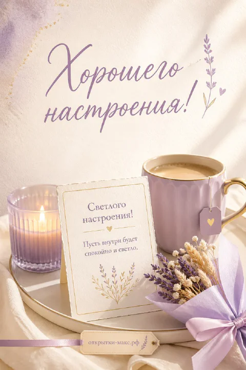 Лиловая чашка кофе, горящая свеча и букетик лаванды на белом подносе с открыткой