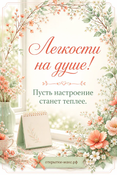 Акварельная рамка из розовых и белых цветов, блокнот и чашка у светлого окна, надпись Лёгкости на душе