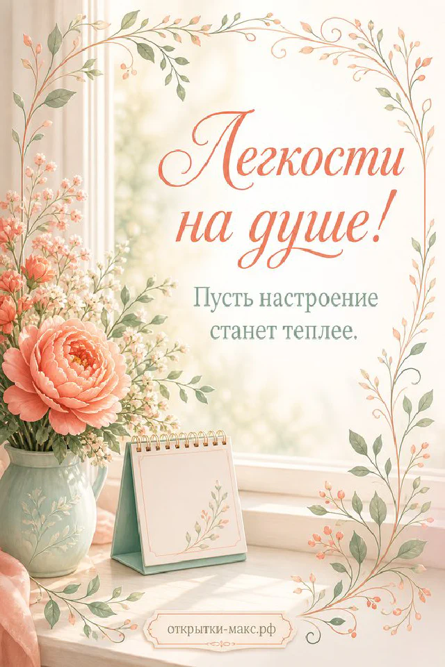 Акварельная рамка из розовых и белых цветов, блокнот и чашка у светлого окна, надпись Лёгкости на душе — вариант 3