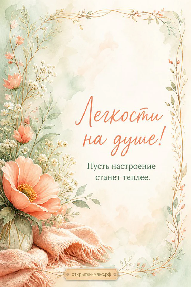 Акварельная рамка из розовых и белых цветов, блокнот и чашка у светлого окна, надпись Лёгкости на душе — вариант 4