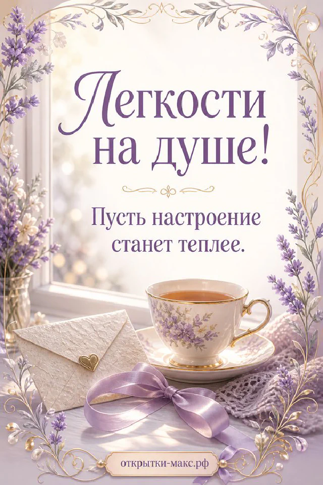 Акварельная рамка из розовых и белых цветов, блокнот и чашка у светлого окна, надпись Лёгкости на душе — вариант 6