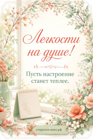 Акварельная рамка из розовых и белых цветов, блокнот и чашка у светлого окна, надпись Лёгкости на душе