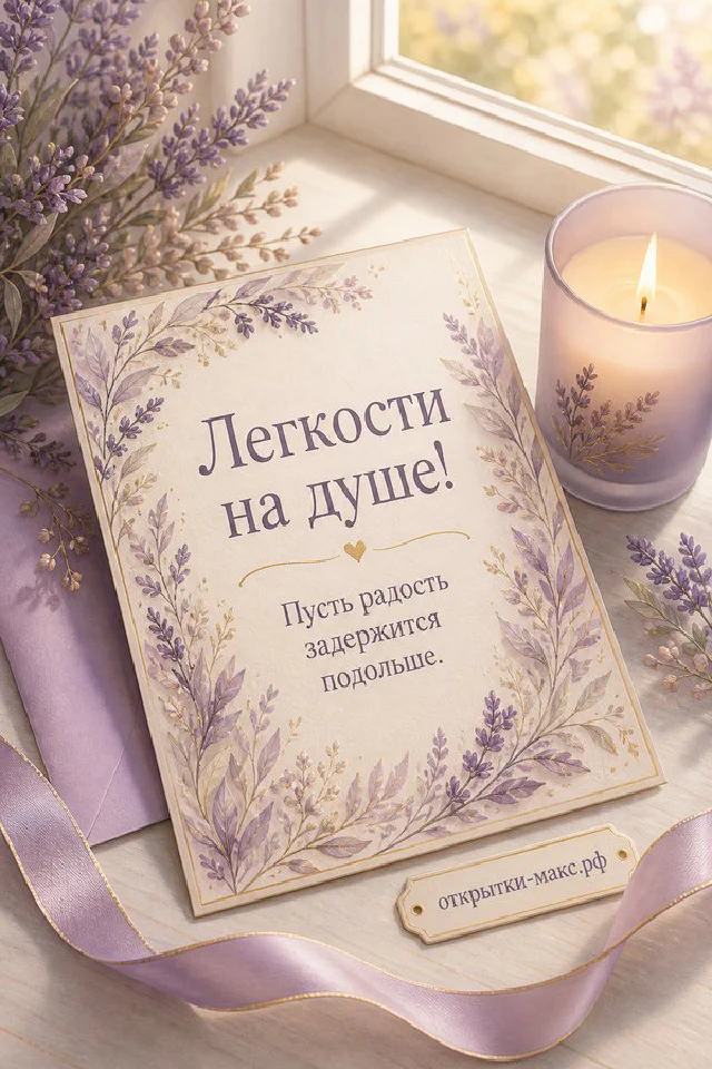 Открытка «Лёгкости на душе!» с лавандой, жемчужинами, прищепкой и маленьким ёжиком с воздушным шариком на светлом фоне — вариант 2