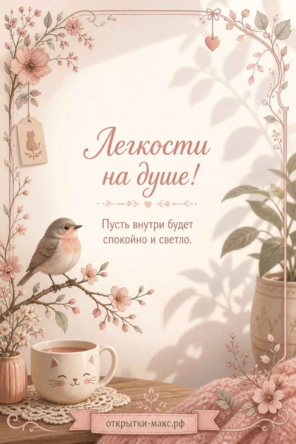 Малиновка на ветке сакуры, чашка с котиком на подставке и розовые цветы