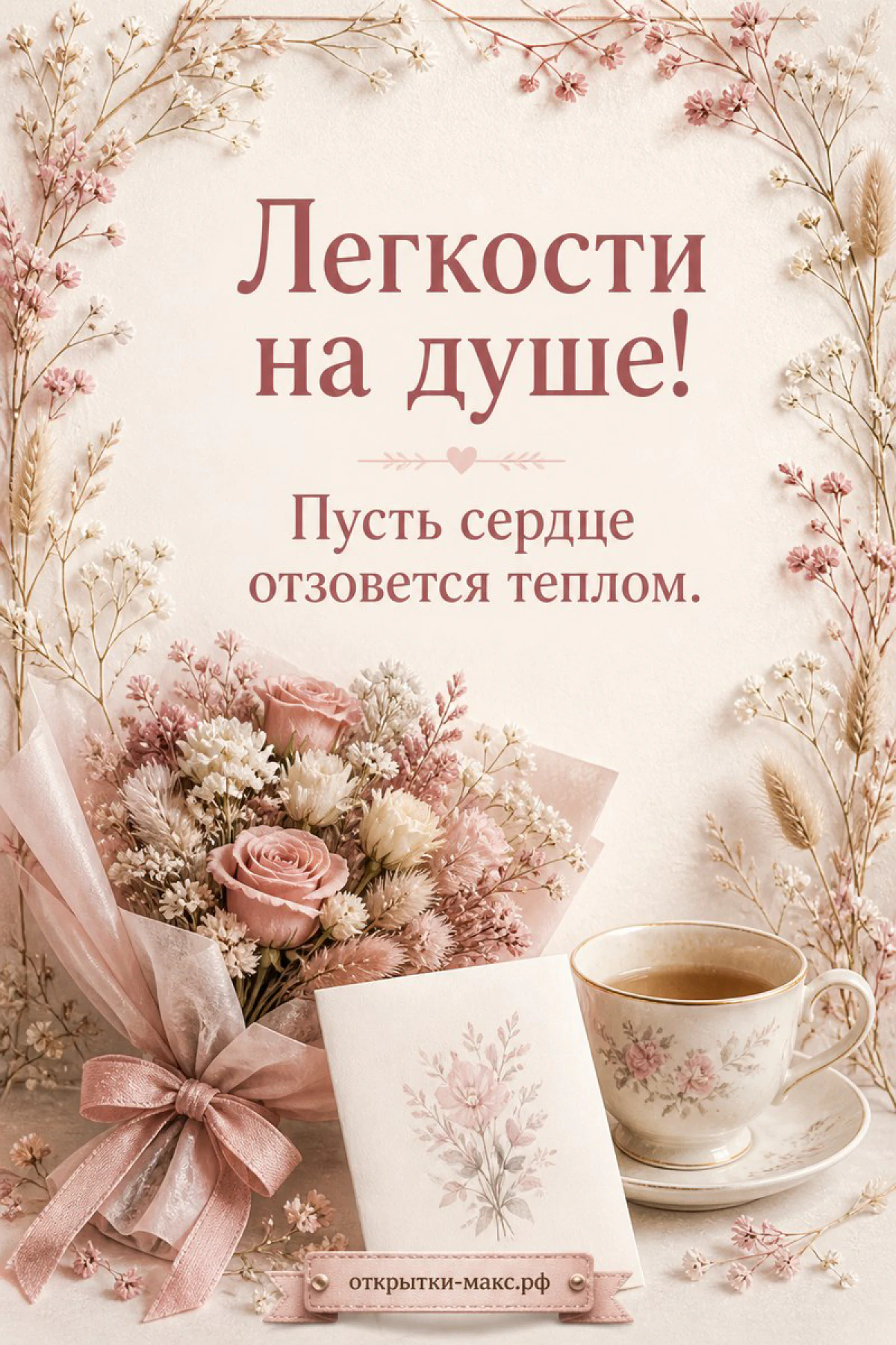 Букет пионовидных роз с сухоцветами, чашка чая и открытка-вкладыш в розово-бежевых тонах с надписью Лёгкости на душе
