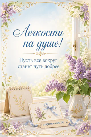 Ваза с сиренью на подоконнике с открытым окном, блокнот и открытка в голубой рамке с надписью Лёгкости на душе