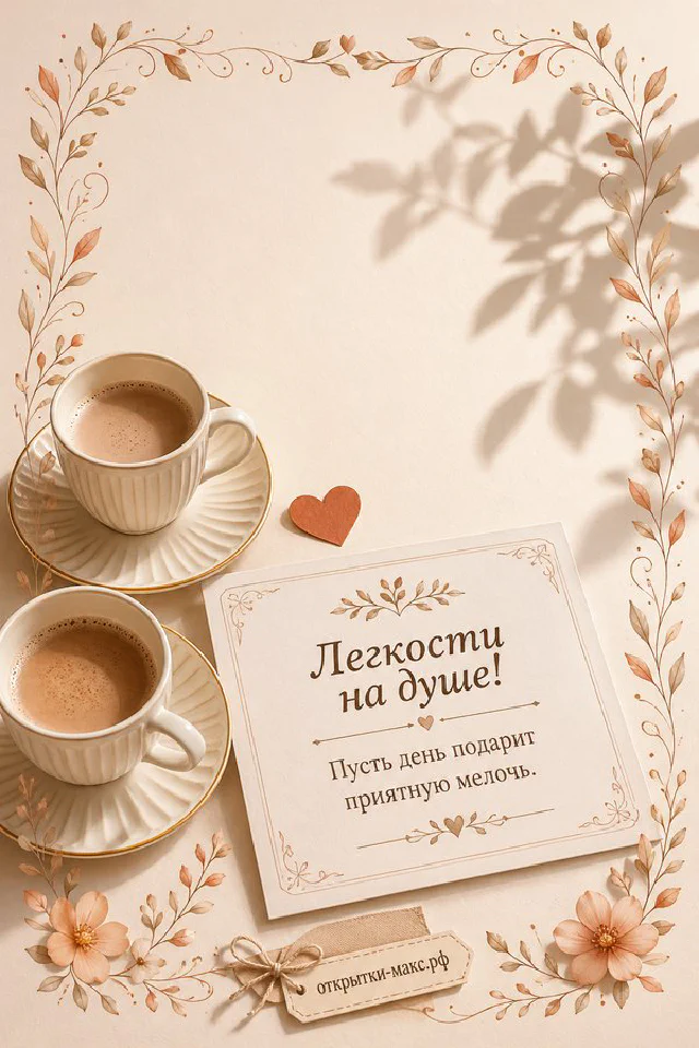 Открытка «Лёгкости на душе!» с букетом розовых тюльпанов и акварельной открыткой с тюльпаном на светлом фоне — вариант 4