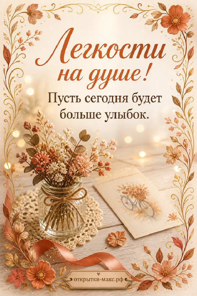 Открытка «Лёгкости на душе!» с осенней вазой из стекла с герберой, ромашками и злаками в золотой орнаментальной рамке — вариант 2