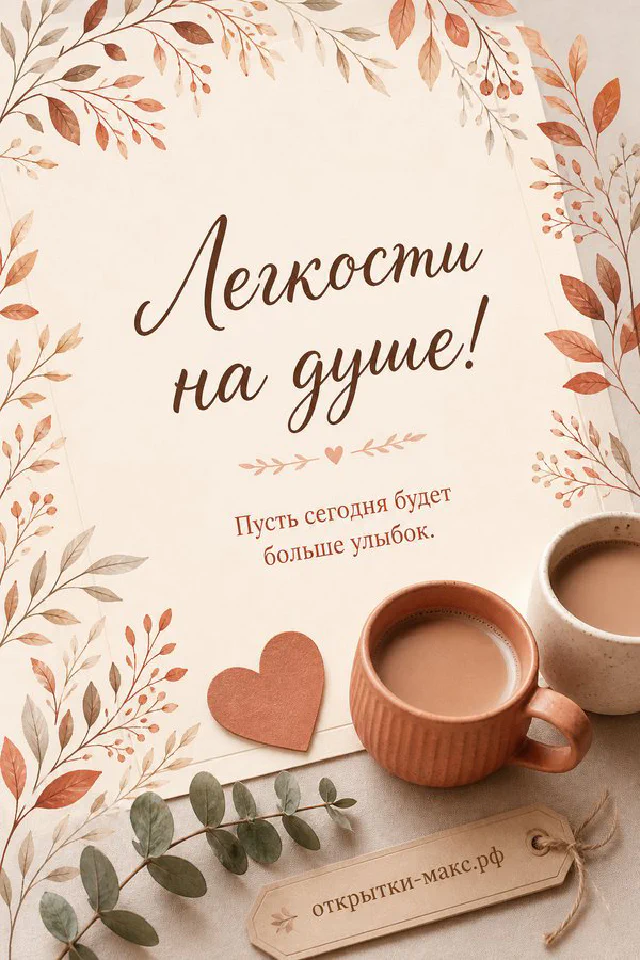 Открытка «Лёгкости на душе!» с осенней вазой из стекла с герберой, ромашками и злаками в золотой орнаментальной рамке — вариант 3