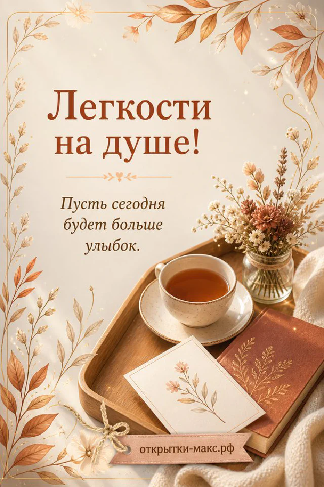 Открытка «Лёгкости на душе!» с осенней вазой из стекла с герберой, ромашками и злаками в золотой орнаментальной рамке — вариант 4