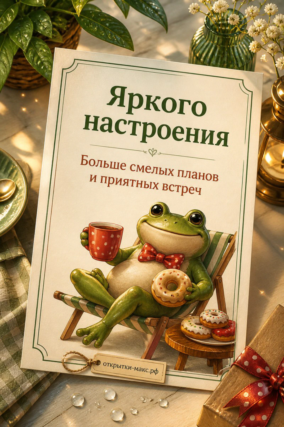 Мультяшная лягушка в красном галстуке-бабочке в шезлонге с кружкой кофе и пончиком, надпись «Яркого настроения»